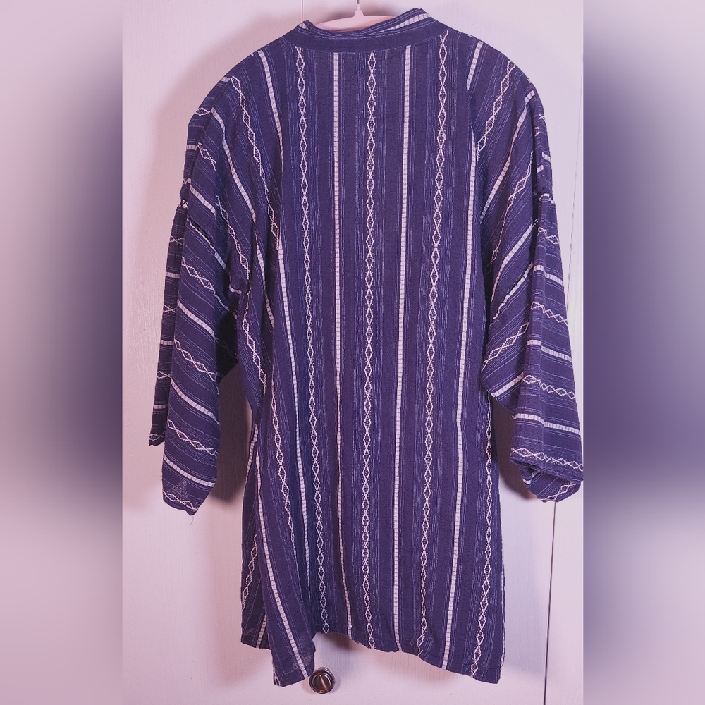 Japanese Kimono Cotton Cardigan Jacket Kimono Japan Textured Size LL Blue Stripe - Picture 9 of 16